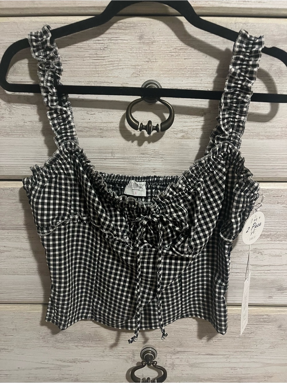 2 piece Gingham Ruffle Crop Tank Top & Maxi Skirt - Black & White
